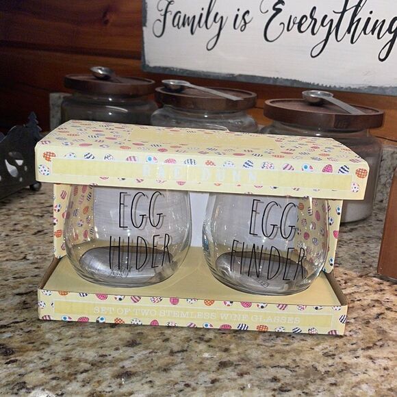 NWT Rae Dunn set of stemless wine glasses “Egg Hider” and “Egg Finder” - Picture 1 of 7